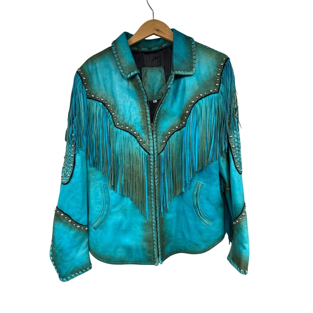 Gamino Turquoise Leather Fringe Western Jacket Studded Boho Whipstitch XL - Picture 1 of 12